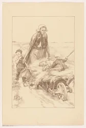 Peasant Woman Pushing a Wheelbarrow with Hay and Two Children