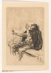 Drinking man with walking stick