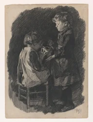 A Little Girl Lets a Sister Drink Milk from a Jug