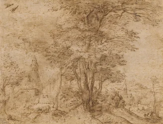A Village with a Group of Trees and a Mule