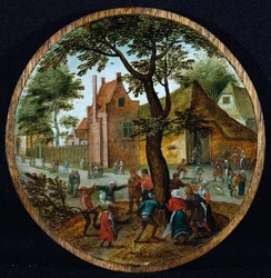 Peasants dancing around a tree in a village street
