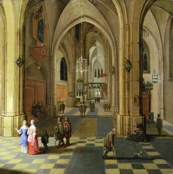 The Interior of a Gothic Cathedral with Two Women in Conversation