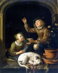 The soap bubble. Painting by Pieter Cornelis van Slingelandt, Milan Museo del Castello.