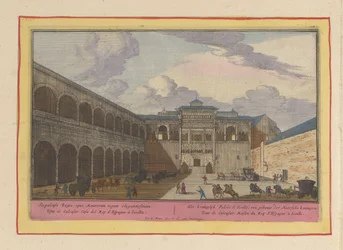 View of a courtyard of the Real Alcázar in Seville. The Royal Palace in Seville, a building of the Moorish kings (title on object). Theatrum Hispaniae (...) (series title)