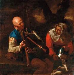 A peasant playing a bagpipe and an old woman listening with a dog