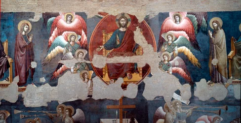 The Last Judgment. The enthroned Christ is surrounded by angels. Detail. Fresco by Pietro de Cerroni, called Cavallini (active around 1273-1321), 1293, Rome, Santa Cecilia in Trastevere