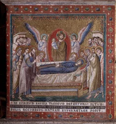 The mosaic Dormition in the apse by Pietro Cavallini (active around 1273-1330), late 13th century (Death of the Virgin, mosaic from the apse by Pietro Cavallini, end of the 13th century), Rome, Church of Santa Maria in Trastevere, Italy