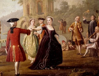 Noble dance and feast scene in Naples. Dancers in a park. 18th century. Naples, Museo Nazionale di San Martino