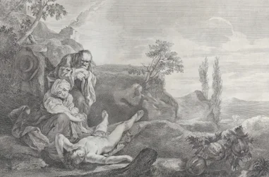 Adam and Eve at left, as an elderly couple, mourning over the corpse of Abel who lies