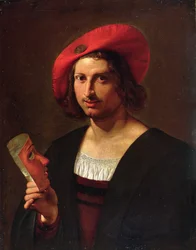Portrait of a Young Man wearing a Hat with a Badge, holding a Mask