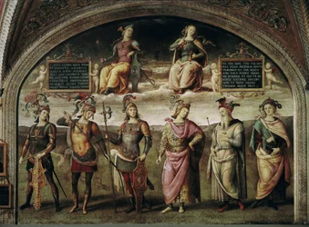 Strength and temperance with six ancient heroes. On the left self-portrait of the artist in trompe-l