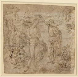a) The Baptism of Christ; b) Draped Figure Holding a Book and Man Wielding an Ax with a Figure, c.1475