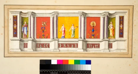 A long wall with seven panels with a narrow frieze below