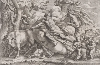 Io at the left as a cow, Jupiter on a cloud in the centre and Juno at the right, 1650-90