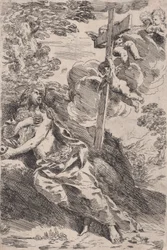 Mary Magdalene in the desert, a cross borne by angels at the right