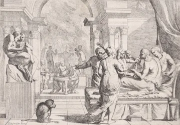 The Prodigal Son Seated on a Couch Being Served Wine, Revelers in the Background