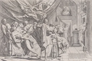 The suicide of the philosopher Cato, who lies on his bed pulling out his innards watched b...