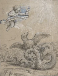 Design with an Eagle Fighting with a Serpent and a Putto in the Sky Holding, 17th century