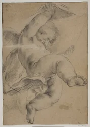 Flying Putto Lifting a Curtain