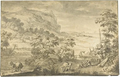 Italianate Coastal Scene with Fishermen, Encampment; River Estuary