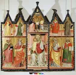 Polyptych of the Virgin and Child with Saints. Top left: Saint Catherine of Alexandria and Saint Mary Magdalene. Center around Christ on the Cross with the inscription "INRI". The Virgin Mary and Saint John. Top right: Saint