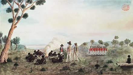 Mr White, Harris and Laing with a Party of Soldiers Visiting Botany Bay Colebee at that Place when Wounded near Botany Bay