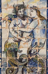 Azulejo tiles in the palace gardens depicting sea creatures