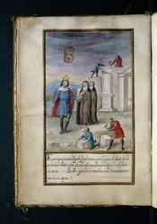 Building the convent at Syon, from a history of the peregrinations of the Syon Nuns, compiled in Lisbon in the early 17th century