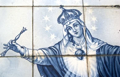 Detail of the Virgin Mary from a decorative panel showing her crushing the Serpent, Lamego, Portugal. 1738