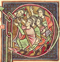 Historiated initial P depicting the death of Joshua, from a Bible, 12th-13th century