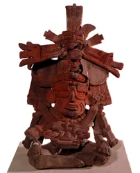 Pre-Columbian civilization: burial urn representing the god of fire. 200-300 AD. Mexico City, National Museum of Anthropology, Mexico