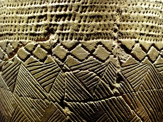 Pottery with "comb-tooth" decoration, circa 8000 BC, from the Neolithic period, Amsa-Dong, Korea. Photograph, National Museum, Seoul, Republic of Korea
