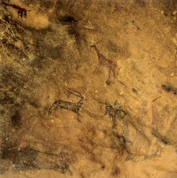 Prehistoric phallic dance, Spain, Catalonia, Lleida, El Cogul, Grotte des Maures (painting)