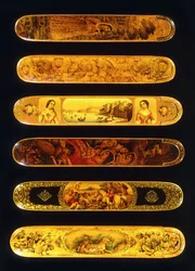 Six Papier Mache Polychrome Lacquer Qalamdans