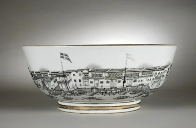 Punch bowl painted with warehouses or Hongs, Canton (Guangzhou)