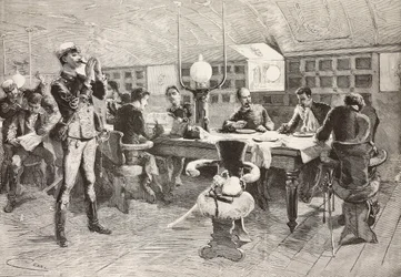 Italian officers inside cabin on ship Gottardo, Italian expedition in Red Sea