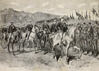 King Umberto I inspecting Florence lancers, with General Martin di Montu behind him, September 28, cavalry exercises in Pordenone, Italy, engraving from drawing by Quinto Cenni, from L