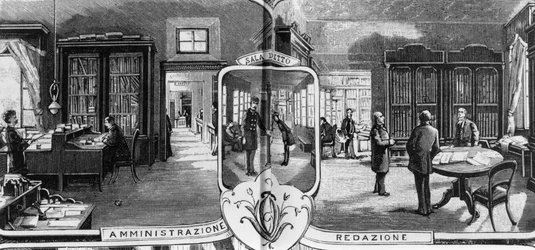 Offices of Treves Brothers, Editing and Administration Staff, Milan, Italy, Illustration by Quinto Cenni from L