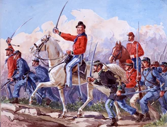 Risorgimento: the troops of Giuseppe Garibaldi (1807-1882) marching on Rome. Watercolour by Quinto Cenni 1892