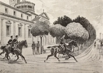 Soldiers on horseback passing in front of the Beata Vergine dei Miracoli Sanctuary, Saronno, Italy, engraving from a drawing by Quinto Cenni, from L