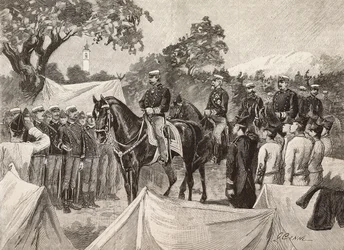 Umberto I, King of Italy, with some officers, visiting military camps