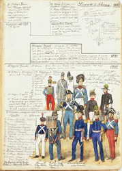 Various uniforms of the Duchy of Parma from 1845, color plate by Cenni Quinto