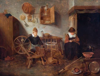 An Interior with an Old Man Spinning and an Old Woman Sewing Beside a Fire