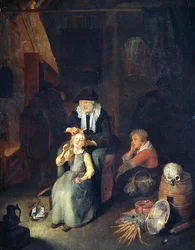 Cottage Interior with woman combing a girl