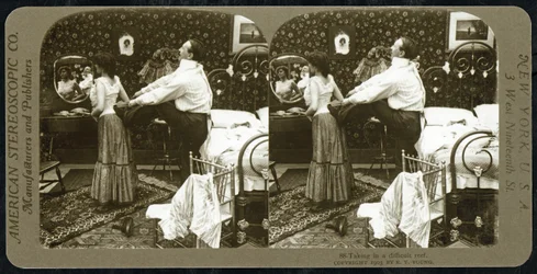 Stereoscopic card depicting a woman being laced into a corset