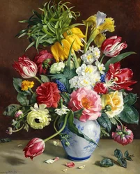 Tulips, Roses, Narcissi and other Flowers in a Blue and White Vase