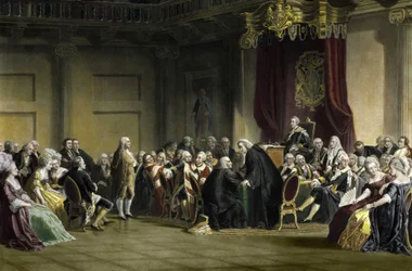 Benjamin Franklin (1706-1790), American philosopher, physicist, and statesman before the Lords of the Privy Council, Whitehall Chapel, London