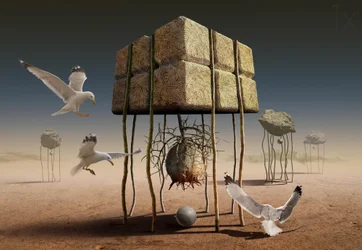Seagulls Over Desert Structures