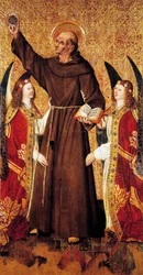 St Bernard and angels, central panel of St Bernard Altarpiece by Rafael Tomas, predella by Joan Figuera, tempera on panel