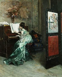 A Lady Playing the Piano in an Interior